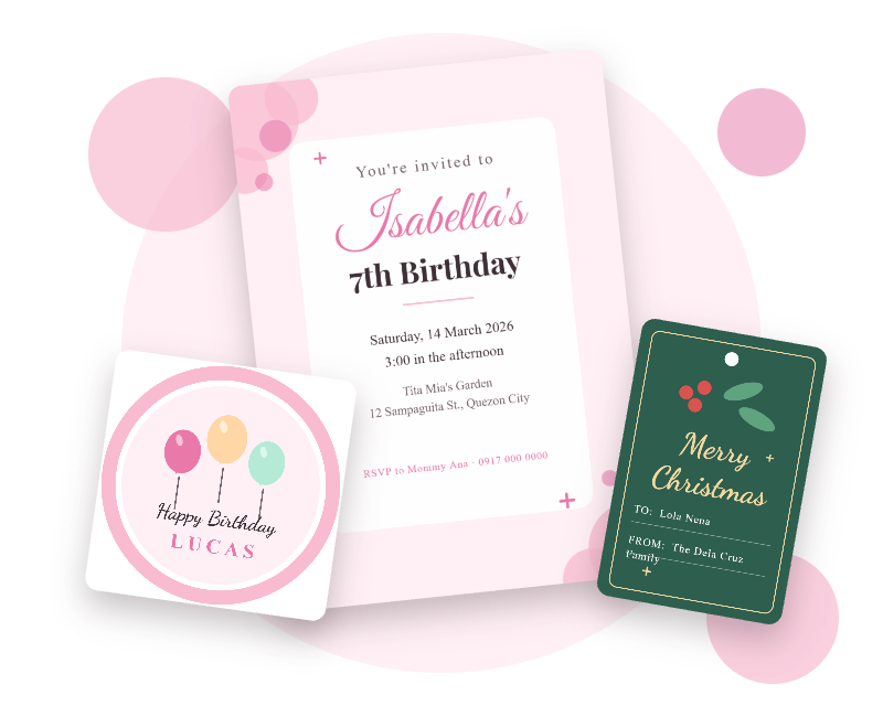 Sample invitations, stickers and gift tags designed with Sib's Prints & Crafts